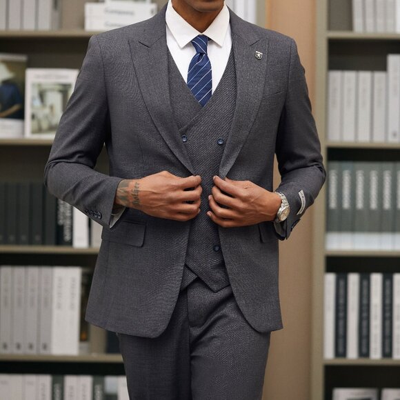 Charcoal W/ Blue Pinstriped Peak Lapel 3 Piece Stacy Adams Men's Suit - Picture 2 of 6